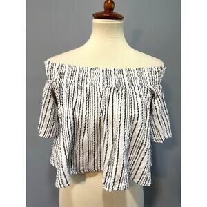 Kimchi Blue Flowy Off the Shoulder Blouse Striped Boho Smocked Crop Top, Medium